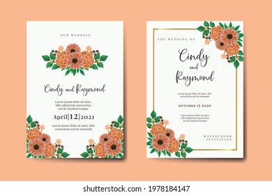 Wedding Invitation Frame Set, Floral Watercolor Hand Drawn Zinnia With Rose Flower Design Invitation Card Template