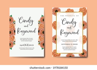 Wedding invitation frame set, floral watercolor hand drawn Zinnia with Rose Flower design Invitation Card Template