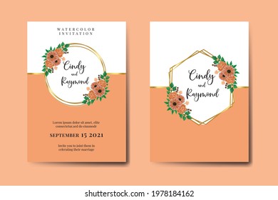 Wedding invitation frame set, floral watercolor hand drawn Zinnia with Rose Flower design Invitation Card Template