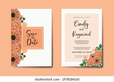 Wedding invitation frame set, floral watercolor hand drawn Zinnia with Rose Flower design Invitation Card Template