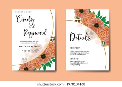 Wedding invitation frame set, floral watercolor hand drawn Zinnia with Rose Flower design Invitation Card Template
