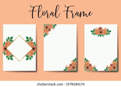 Wedding invitation frame set, floral watercolor hand drawn Zinnia with Rose Flower design Invitation Card Template