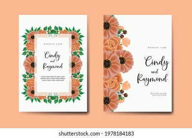 Wedding invitation frame set, floral watercolor hand drawn Zinnia with Rose Flower design Invitation Card Template