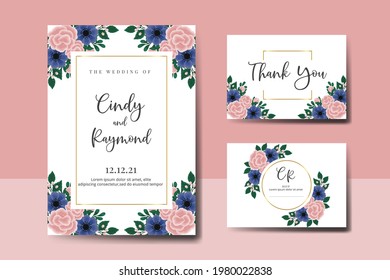 Wedding invitation frame set, floral watercolor hand drawn Rose With anemone Flower design Invitation Card Template