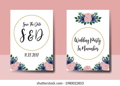 Wedding invitation frame set, floral watercolor hand drawn Rose With anemone Flower design Invitation Card Template