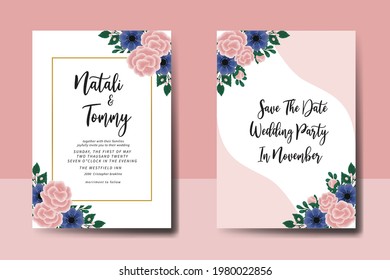 Wedding invitation frame set, floral watercolor hand drawn Rose With anemone Flower design Invitation Card Template