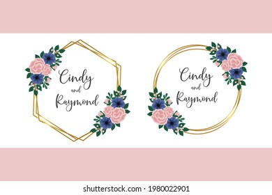 Wedding invitation frame set, floral watercolor hand drawn Rose With anemone Flower design Invitation Card Template