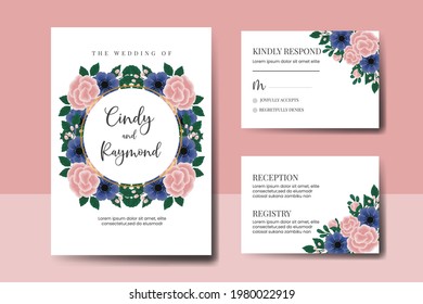 Wedding invitation frame set, floral watercolor hand drawn Rose With anemone Flower design Invitation Card Template
