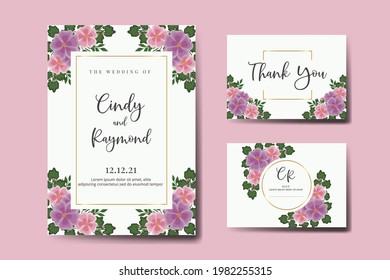 Wedding invitation frame set, floral watercolor Digital hand drawn Hollyhocks Flower design Invitation Card Template