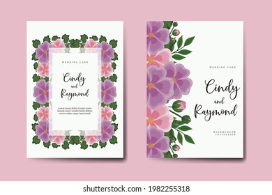 Wedding invitation frame set, floral watercolor Digital hand drawn Hollyhocks Flower design Invitation Card Template