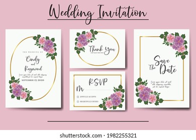 Wedding invitation frame set, floral watercolor Digital hand drawn Hollyhocks Flower design Invitation Card Template