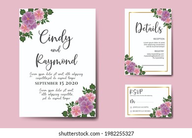 Juego de marcos de invitación de boda, acuarela floral Color de la boca Dibujo a mano Hollyhocks Diseño de flores Plantilla de tarjeta de invitación