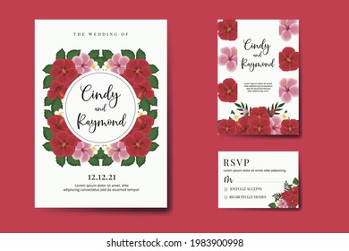 Wedding invitation frame set, floral watercolor hand drawn Red Hibiscus Flower design Invitation Card Template