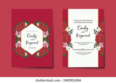 Wedding invitation frame set, floral watercolor hand drawn Red Hibiscus Flower design Invitation Card Template