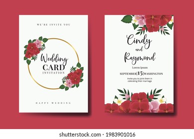 Juego de marcos de invitación de matrimonio, acuarela floral dibujado a mano Red Hibiscus Flower Design Card Template (Plantilla de tarjeta de invitación para diseño de flores de hibiscus)
