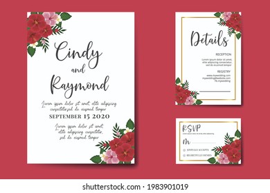Juego de marcos de invitación de matrimonio, acuarela floral dibujado a mano Red Hibiscus Flower Design Card Template (Plantilla de tarjeta de invitación para diseño de flores de hibiscus)