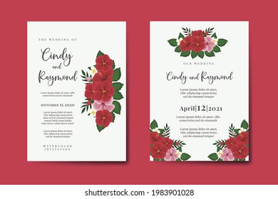 Wedding invitation frame set, floral watercolor hand drawn Red Hibiscus Flower design Invitation Card Template
