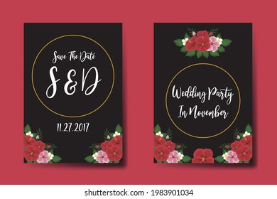 Wedding invitation frame set, floral watercolor hand drawn Red Hibiscus Flower design Invitation Card Template