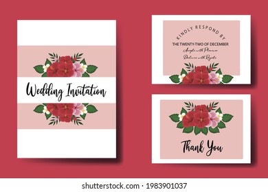 Wedding invitation frame set, floral watercolor hand drawn Red Hibiscus Flower design Invitation Card Template
