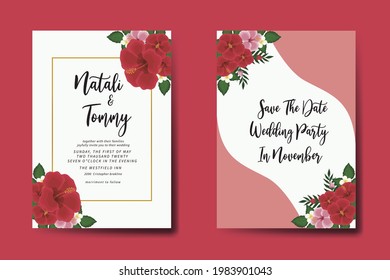 Juego de marcos de invitación de matrimonio, acuarela floral dibujado a mano Red Hibiscus Flower Design Card Template (Plantilla de tarjeta de invitación para diseño de flores de hibiscus)