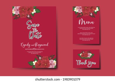 Wedding invitation frame set, floral watercolor hand drawn Red Hibiscus Flower design Invitation Card Template
