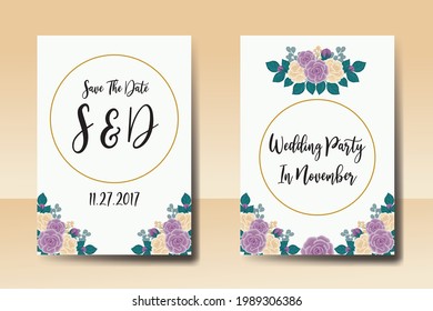 Juego de marcos de invitación de boda, acuarela floral Color de la acuarela Digital Modelo de tarjeta de invitación de flor rosa dibujado a mano