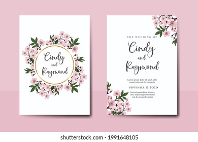 Einladung Hochzeit-Rahmen-Set, florale Aquarellfarbe Digitale, handgezeichnete Sakura Kirschblütenblüte Design Einladung Karte Vorlage