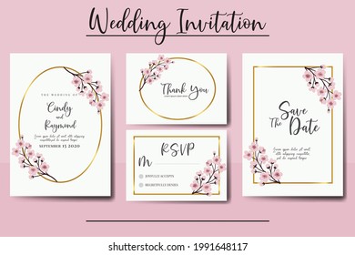 Wedding invitation frame set, floral watercolor Digital hand drawn Sakura Cherry Blossom Flower design Invitation Card Template svg