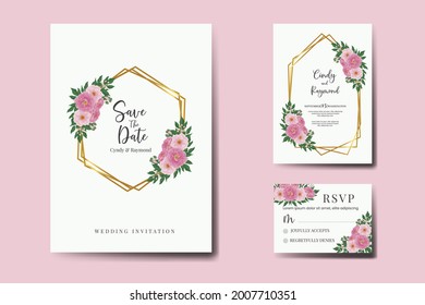 Wedding invitation frame set, floral watercolor Digital Pink Peony Flower design Invitation Card Template