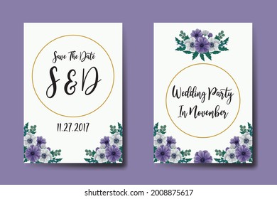 Wedding invitation frame set, floral watercolor Digital hand drawn Purple Anemone Flower design Invitation Card Template