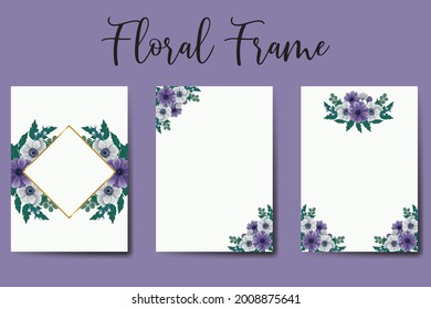Juego de marcos de invitación de matrimonio, acuarela floral Color de la invitación Dibujo a mano Digital Modelo de tarjeta de invitación para diseño de flores de anémona púrpura