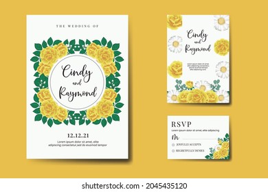 Wedding invitation frame set, floral watercolor Digital hand drawn Yellow Rose Flower design Invitation Card Template