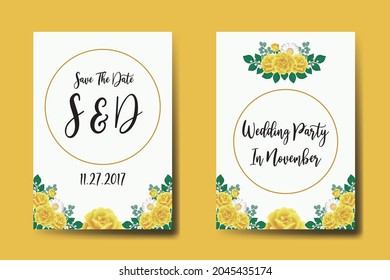 Wedding invitation frame set, floral watercolor Digital hand drawn Yellow Rose Flower design Invitation Card Template