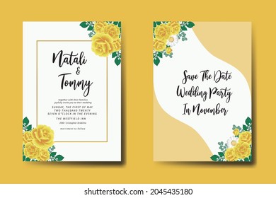 Wedding invitation frame set, floral watercolor Digital hand drawn Yellow Rose Flower design Invitation Card Template