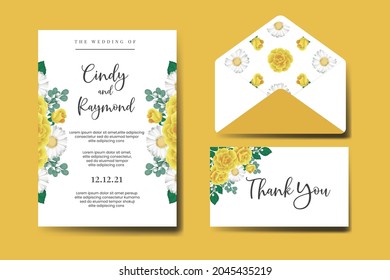 Wedding invitation frame set, floral watercolor Digital hand drawn Yellow Rose Flower design Invitation Card Template