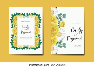 Wedding invitation frame set, floral watercolor Digital hand drawn Yellow Rose Flower design Invitation Card Template