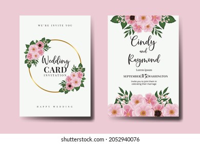 Wedding invitation frame set, floral watercolor Digital hand drawn Pink Flower design Invitation Card Template