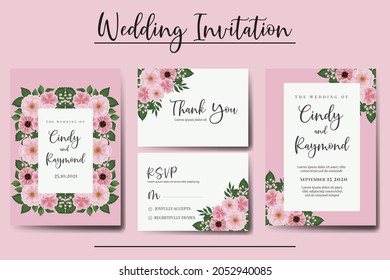 Wedding invitation frame set, floral watercolor Digital hand drawn Pink Flower design Invitation Card Template