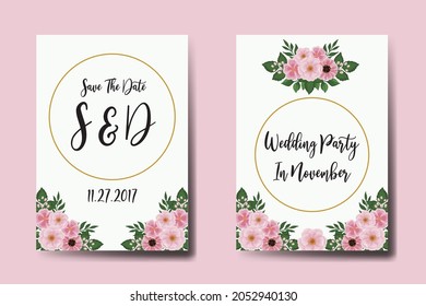 Wedding invitation frame set, floral watercolor Digital hand drawn Pink Flower design Invitation Card Template
