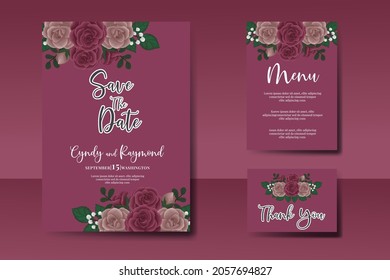 Wedding invitation frame set, floral watercolor Digital hand drawn Maroon Rose Flower design Invitation Card Template