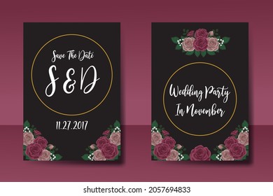 Wedding invitation frame set, floral watercolor Digital hand drawn Maroon Rose Flower design Invitation Card Template