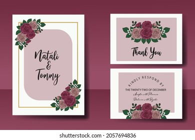 Wedding invitation frame set, floral watercolor Digital hand drawn Maroon Rose Flower design Invitation Card Template