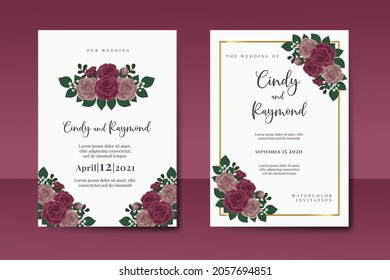 Wedding invitation frame set, floral watercolor Digital hand drawn Maroon Rose Flower design Invitation Card Template