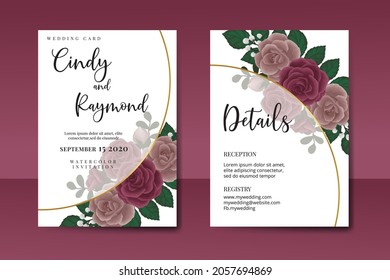 Wedding invitation frame set, floral watercolor Digital hand drawn Maroon Rose Flower design Invitation Card Template