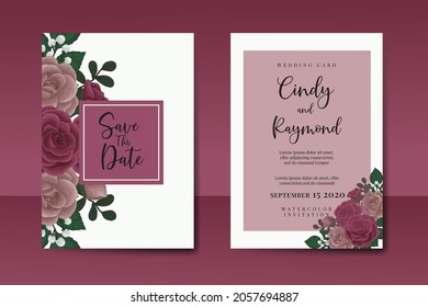Juego de marcos de invitación de boda, acuarela floral Color de la invitación Dibujo a mano Maroon Rose Flor diseño Plantilla de tarjeta de invitación