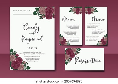 Juego de marcos de invitación de boda, acuarela floral Color de la invitación Dibujo a mano Maroon Rose Flor diseño Plantilla de tarjeta de invitación