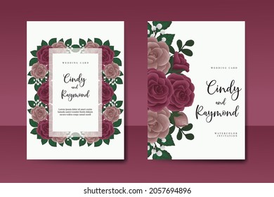 Wedding invitation frame set, floral watercolor Digital hand drawn Maroon Rose Flower design Invitation Card Template