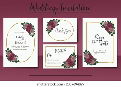 Einladung Hochzeitszettel, florale Aquarell Digital handgezeichnet Maroon Rose Blumendesign Einladung Karte Vorlage