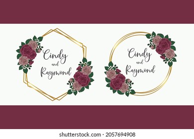 Wedding invitation frame set, floral watercolor Digital hand drawn Maroon Rose Flower design Invitation Card Template