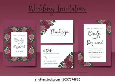 Wedding invitation frame set, floral watercolor Digital hand drawn Maroon Rose Flower design Invitation Card Template